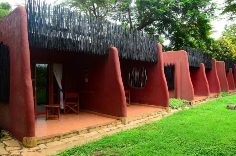 Die Terrassen der Zimmer der Amboseli Serena Safari Lodge zwischen geschwungenen roten Mauern, vor einem Rasen