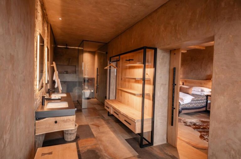 Das Bad einer Suite mit Glasdusche, Waschbecken und offenem Kleiderschrank