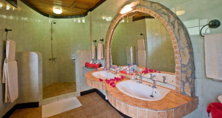 Ein Bad mit zwei Waschbecken voller Blütenblätter und einer Dusche hinter einer Mauer