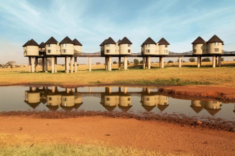 Die Türme der Salt Lick Safari Lodge auf Stelzen, durch Stege verbunden, spiegeln sich in einer Wasserstelle
