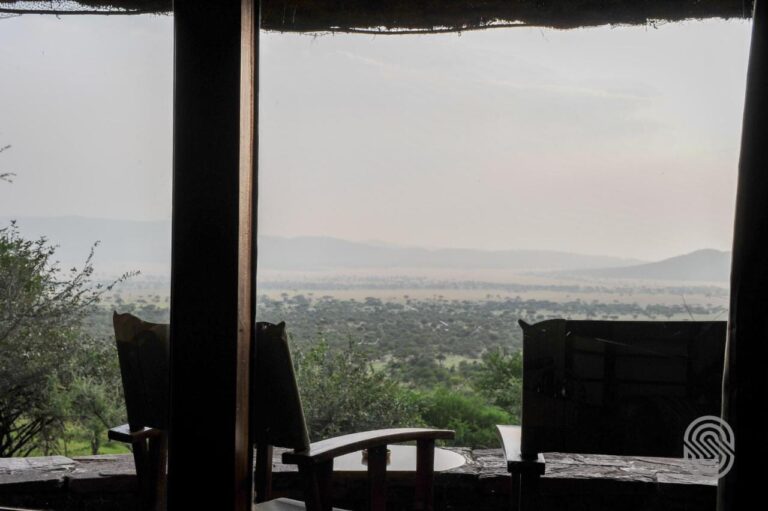 Stühle als Silhouetten auf einer überdachten Terrasse, mit Blick auf die bewaldete Ebene und Hügel im Dunst