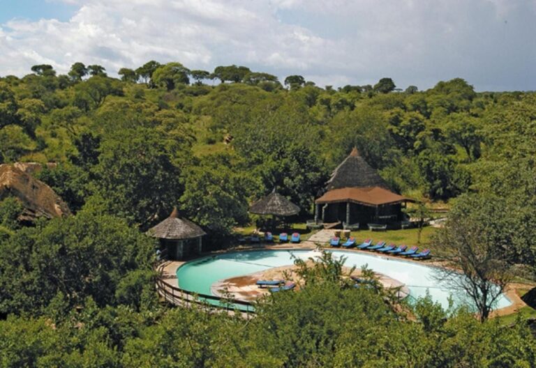 Der Pool der Lodge mitten im Busch des Tarangire, von Bäumen überdacht