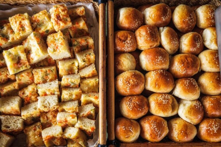 Brötchen und geröstete Brotwürfel frisch aus dem Ofen