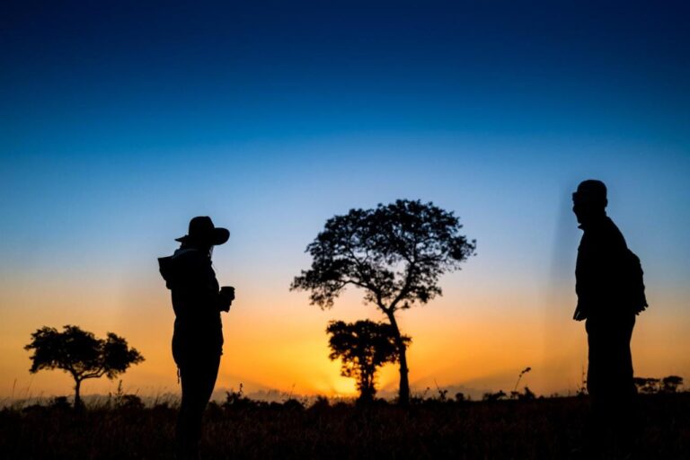Zwei Personen als Silhouetten im Busch, eine hält eine Tasse, vor Bäumen und orangefarbenem Horizont